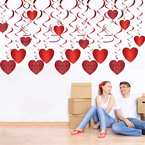 Image of FestikoValentine's Day Hanging Swirl Decorations,32 PCS Glitter Red Love Heart Foil Swirls Ceiling Streamers for Valentine's Day Engagement Wedding Anniversary Birthday Decoration Party Supplies