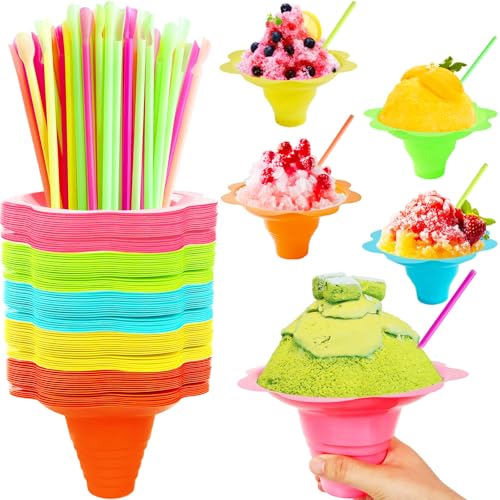 Tiaiidi 200 PCS 8 oz Colorful Flower Shaped Snow Cone Cups with Spoon Straws Plastic Shaved Ice Drip Cups Reusable Plastic Snack Ice Cream Bowls for Party Summer Cookout Food Service
