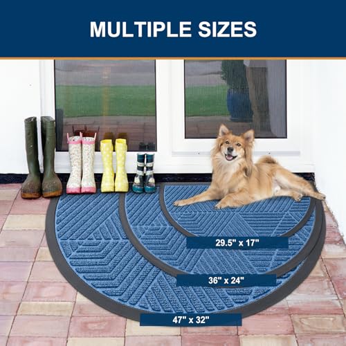 Image of Smiry Half Circle Front Door Mat Outside Entrance, Heavy Duty Sturdy Natural Rubber Doormat, Trap Dirt and Moisture, Low Profile Mats for Indoor Outdoor Entry, Irregular Triangle (29.5x17, Blue)
