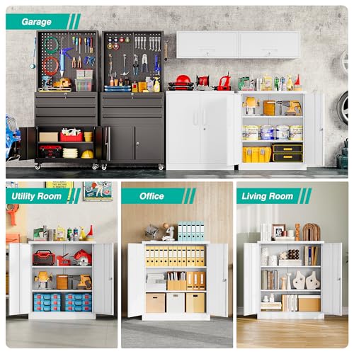 Image of SISESOL White Metal Storage Cabinet with Doors and Shelves,36 inch Small Metal Cabinet with Lock,Short Garage Storage Cabinets,Locking Steel Cupboard for Home,Office,Kitchen,Garages