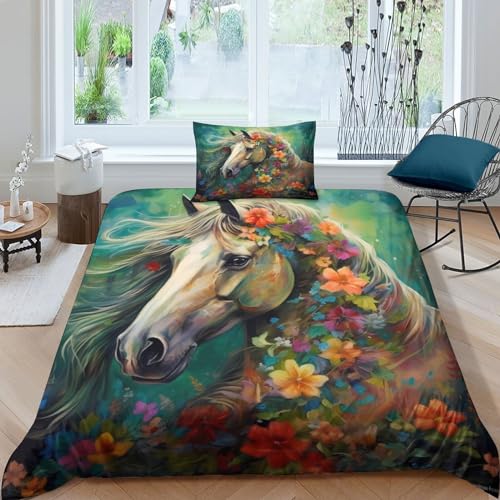 Housse de couette imprimé animal fleurs et chevaux avec fermeture éclair