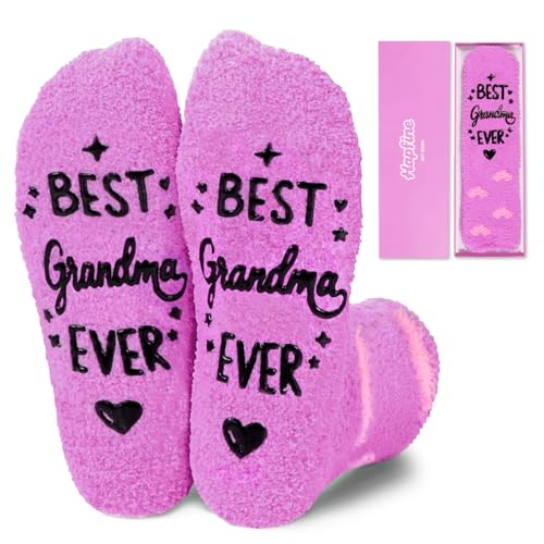 Hapfine Best Grandma Ever Gifts - Elegant Purple Fuzzy Socks with Cupcake Packaging - Non Slip Warm Slipper Socks - Unique Birthday for Grandmother (Purple)