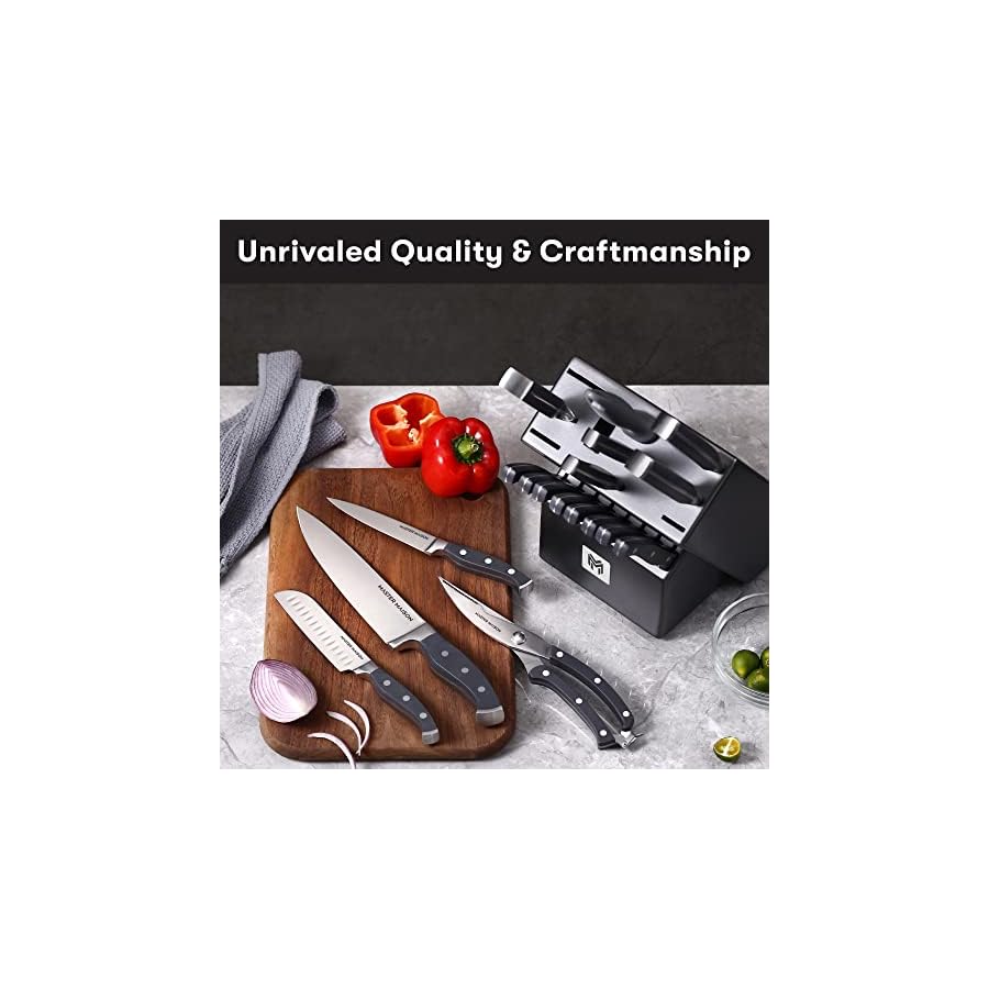 19-Piece-Kitchen-Knife-Set-With-Wooden-Block-Best-German-Forged-Stainless-Steel-Knife-Sets-for-Kitchen-with-Block-Professional-Use-Paring-Chef-Carving-8-Steak-Knives-Knife-Sharpener-Shears Master Maison 19-Piece Kitchen Knife Set with Wooden Block and Knife Sharpener - Stainless Steel Cutlery Set in Block - Professional Master Maison Knife Set - Kitchen Knives Sets (Gray)