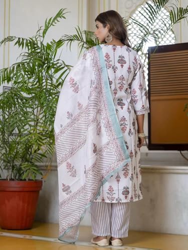 Image of Tee Projekt Women's Cotton Blend V Neck Straight Printed Kurta Pant with Dupatta Set