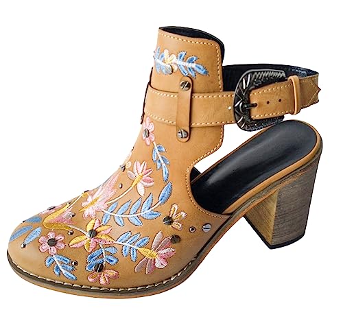 CRETUAO Botines con Bordado Floral para Mujer,Botines con Hebilla de tacón Grueso de Madera Vintage, andalias de tacón de Fiesta con Remaches de Moda Sexy,Marrón,38 EU