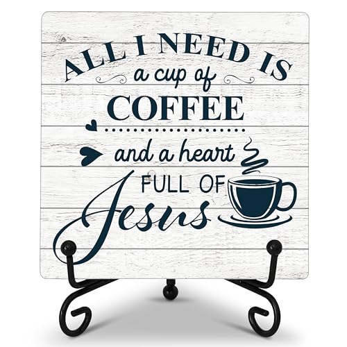 Image of Coffee Bar Desk Decor, All I Need Is A Cup Of Coffee Wooden Plaque Sign With Iron Stand, Christian Decorations For Home Office, Rustic Wood Signs for Kitchen Cafe Bar -34