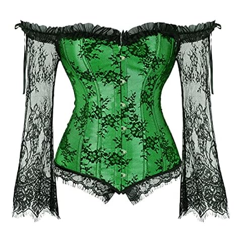 Kranchungel Women's Steampunk Corset with Off Shoulder Victorian Lace Long Sleeves Bustier Top Medium Green Cover