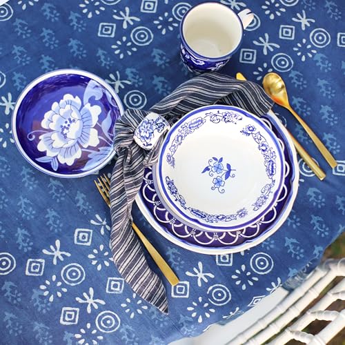 Euro Ceramica Blue Garden 16 Piece Oven Safe Hand Painted Stoneware Dinnerware Set, Service for 4, Bold Vase Design/Floral Pattern, White and blue - Image 6