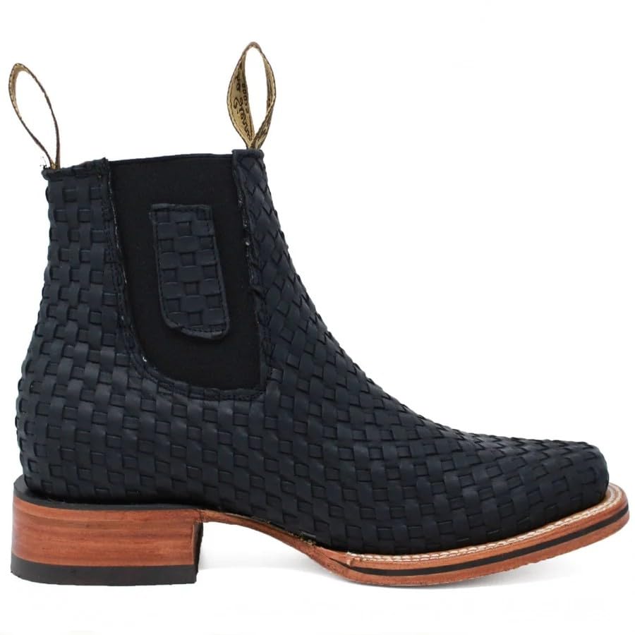 Men's Genuine Petatillo Leather Short Ankle Square Toe Cowboy Western Boots - Black4