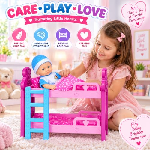 Image of Baby Dolll Bunk Bed Playset for Kids, Lovely Dolll with 2-Level Pink Bunk Bed, Blue Outfit & Cap, Dolll Accessories, Pretend Play Toy Set for Girls & Kids