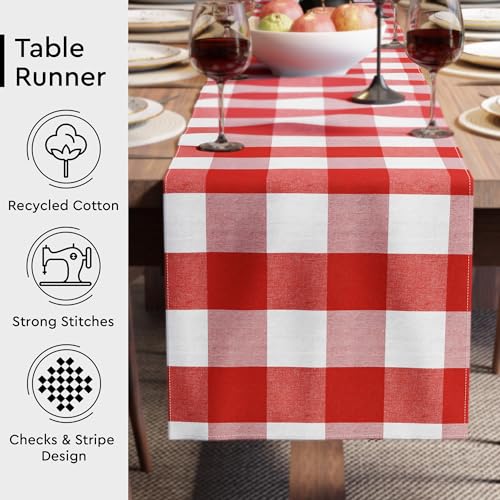 Image of Encasa XO Cotton Table Runner for 4 to 6 Seater | Size 13x72 in | Buffalo Red Checks - Machine Washable & Durable