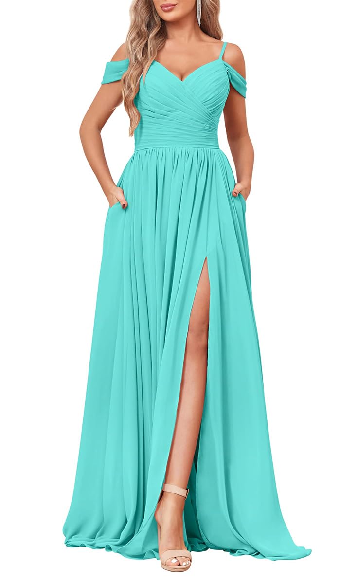 YIANN Off The Shoulder Dresses for Women Formal Gown with Pockets Turquoise Bridesmaid Dress Wrap Slit Prom Dress Long UK10