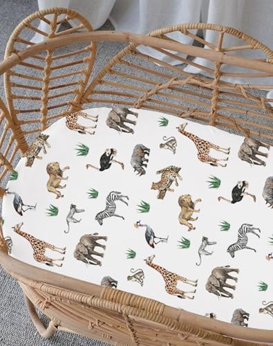 Image of Bassinet Sheets for Baby Girls Boys 2 Pack, Fitted Baby Mattress Sheet for Rectangle, Oval, Hourglass Bassinet Mattress, Breathable Cozy & Universal Fit (Jungle Journey, Bassinet Sheet)