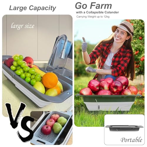 Image of KRESHU Over The Sink Collapsible Colander Silicone Strainer Basket | Wash Vegetables and Fruits, Drain Cooked Pasta | Adjustable Silicone Sink Strainer 51x26x12.5cm (Pack of 1)