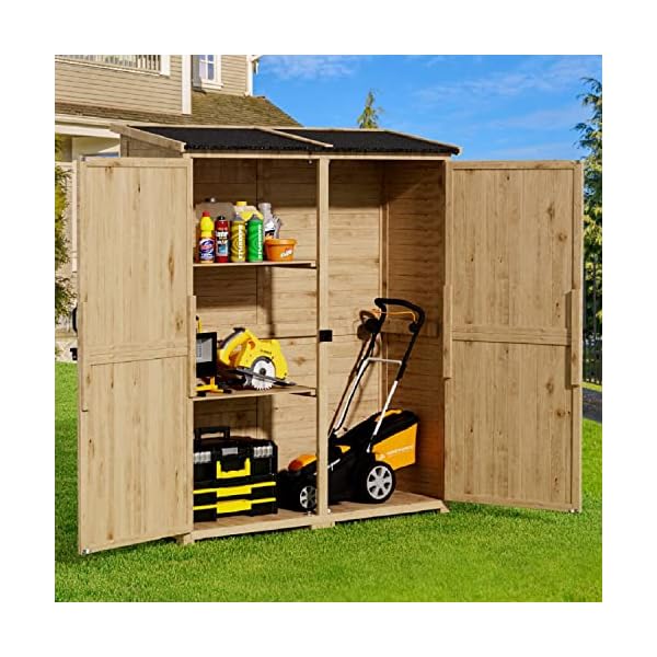 Gizoon Outdoor Storage Cabinet with Waterproof Roof, Double Lockable Doors Garden Shed with 2 Removable Shelves, Wooden Storage Shed with Large Storage Space for Patio, Garden, Backyard, Lawn