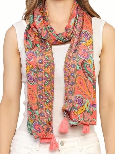 Image of KE KANHA EXPORT Women Scarf|Stole For Women|Scarf For Women Stylish|Stall For Women|Border Print Face Cover Head Wrap|Boho|Beach|Multicolor|180x50cm|Pack Of 1|FREE Scrunchie Included
