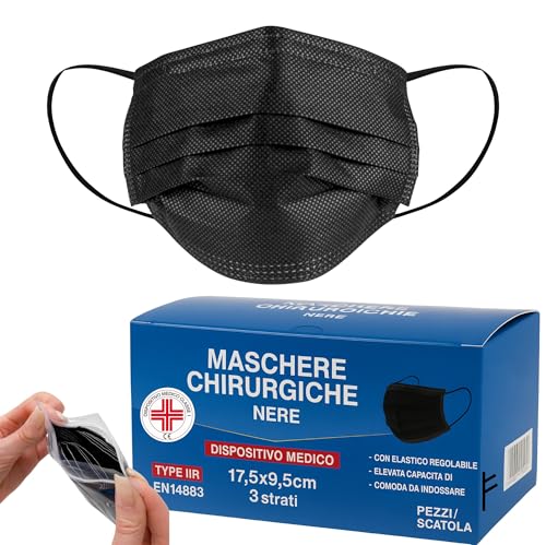 S&SMedical 100 Mascherine Chirurgiche nere Tipo IIR Certificate CE, Mascherina chirurgica nera a 3 strati - Filtrazione 98%, Resistenti agli Spruzzi, super confortevoli | Clip Nasale Adattabile