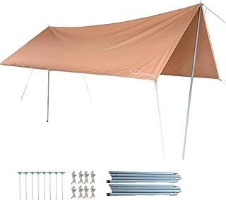 DANCHEL OUTDOOR Toldo impermeable para tienda de campaña, toldo para tiendas de campaña de lona, hamaca portátil para porche con mosca de lluvia con postes y accesorios de glamping, color marrón