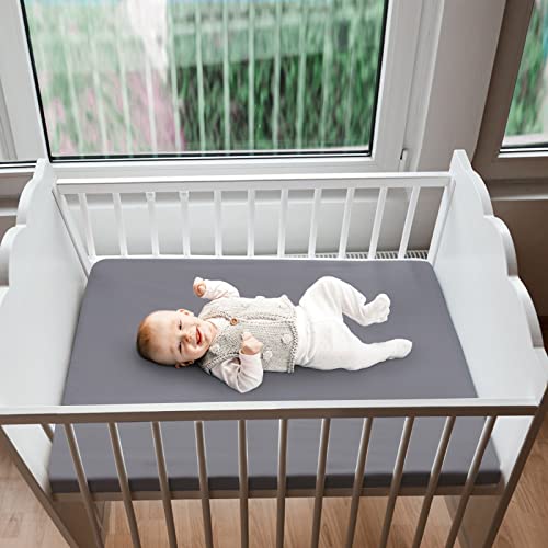 Biloban Mini Crib Sheets Fitted, 2 Pack Mini Crib Sheet Fits for Mini Crib Mattress, Neutral Mini Crib Sheets for Baby Boys and Girl, Grey & Pink, 38”X 24”