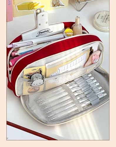 Image of Canvas School Bag Pencil Case, 3 Layer 6 Compartment Large Capacity, Aesthetic Pencil Pouch for Stationary, Cute Stationery for Kids, Pencil Case for Girls & Boys (Maroon)