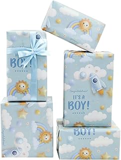 It's a Boy Gift Wrap, Newborn baby boy Light Blue Gift Wrapping Paper,4 Sheets Folded Flat 20x28 inches per sheet With Ribbon for Baby Shower Birthday Celebration Gift Wrap