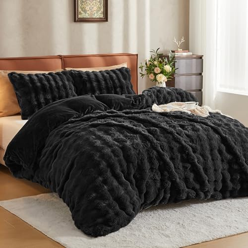 JELLYMONI Plush Duvet Cover Set - Queen Size Black Faux Fur Comforter Cover 3pcs Bedding Set Luxury Ultra Soft Striped Fluffy Duvet Cover with Zipper and 2 Pillowcases (NO Comforter)