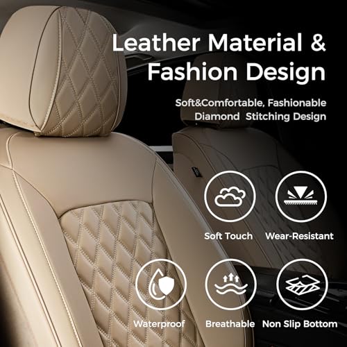 Image of Huidasource Beige Front Seat Covers, Leather Car Seat Covers Front Seats, Driver Seat Cover Waterproof, Airbag Compatible, Universal Fit for Most Cars, Vans, Trucks, SUVs (Front Pair /Beige)