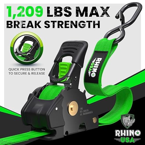 Image of Rhino USA Retractable Ratchet Straps (4-Pack) - 1 Inch x 10 Feet (1,209lb Break Strength) - Auto Self Retracting Tie Down Straps for Truck, Cargo Trailer, Motorcycle, ATV, UTV - Green