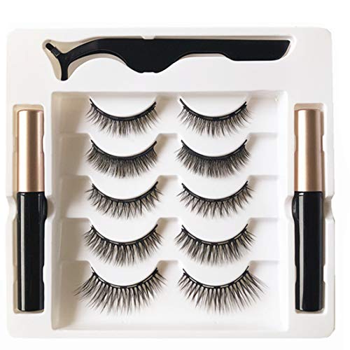 Magnetic Eyeliner and Lashes Magnetic Eyelashes Kit with Tweezers.No Glue Reusable Silk False Lashes, Easier To Use Than Traditional eyelashes magnetic eyeliner (5pairs)
