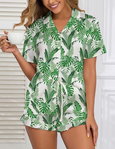 Image of Veseacky Women Satin Pajamas Set 2 Piece Button Down Short Sleeve Soft Sleepwear with Pockets