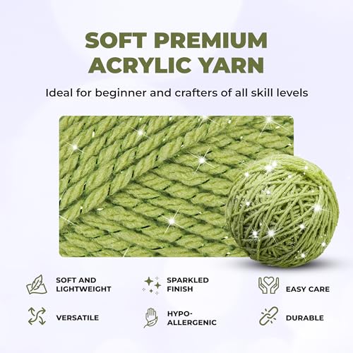 Image of Mary Maxim Starlette Sparkle Yarn, Medium Worsted Weight Green Yarn for Knitting and Crocheting, Acrylic Polyester Blend for Blankets, Clothing, and Decor, 196 Yards - Lime Green