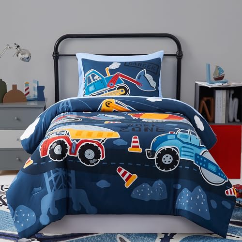 Kaleido Space Truck Tractor Excavator Twin Comforter Set with Sheets - 5 Pieces Kids Twin Bedding Sets for Boys, Glow in The Dark Construction Trucks Twin Bed in a Bag for Kids, Teens