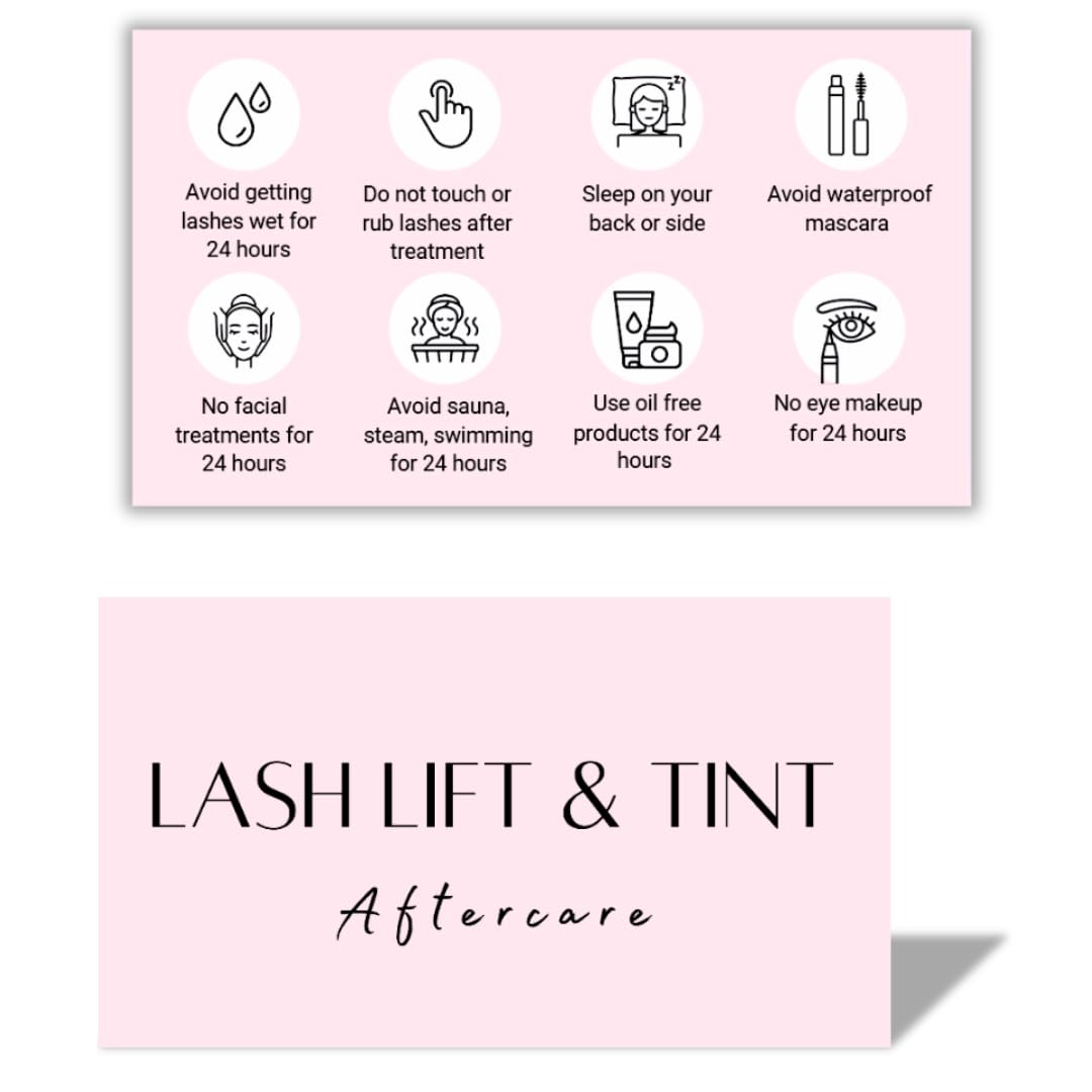 Lash Lift and Tint Aftercare Card | 50 Pack | 2x3.5 Inch Card Size | Lash Lift and Tint, White Design with Simple Illustration & Instruction
