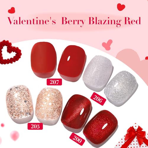 Image of AZUREBEAUTY Red Valentine's Nail Polish Set Quick Dry Silver Glitter Cat Eye 4 Colors Natural Fingernail with Top Coat DIY Salon Home no Gel Women Gifts