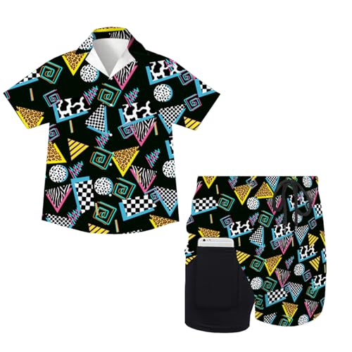 Juload Retro 80s 90s Memphis Graphics Boys Hawaiian Outfit Kids 2 Pieces Button Down Shirts And Compression Lining Short Sets For Beach Summer S