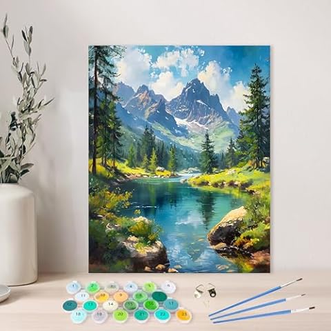 AIRDEA DIY Landscape Paint by Numbers Kits for Adults,Paint by Number for Adults Beginner Mountains,16x20inch DIY Rivers and Trees Simple Painting Paint by Numbers Adult Kits Without Frame Cover