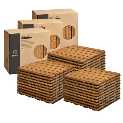 Premium Group Deck Tiles, Patio Flooring - Outdoor Waterproof Acacia Wood Tiles for All Weather Use - Balcony, Backyard, Indoor &amp; Outdoor (Golden Teak, Set 30 Striped Pattern)