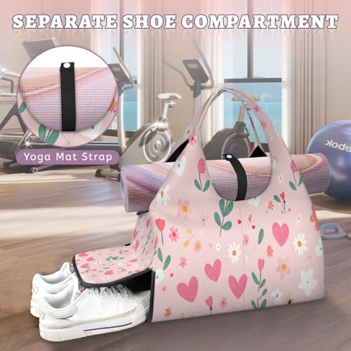 Yoga Bag for Women，Waterproof Polyester Gym Bag Detachable Strap,Shoe Pocket，Double Zipper,Pink Heart Flower Duffel Bags4