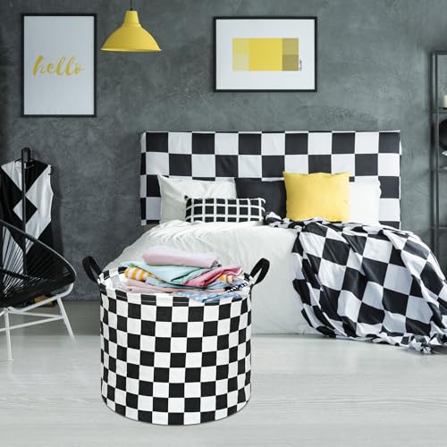 Image of 3 Pack Checkered Storage Baskets with Leather Handles, Foldable Fabric Toy Storage Bins with Waterproof Lining, Large Round Laundry Hamper for Kids Room, Nursery, Bedroom, Playroom Organization