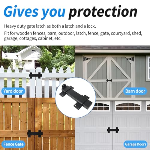 Outdoor Gate Latches for Wooden Gates, Slide Gate Latch Lock with Padlock Hole, Double Heavy Duty Gate Latch Lock Compatible with Garden Wooden Fence, Shed, Barn Door (Black)