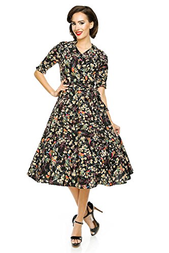 Vestido clásico Rockabilly de los años 40 y 50 con estampado de pájaros. Negro Negro ( 38
