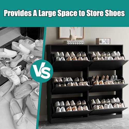 Image of Xixini Shoe Storage Cabinet for Entryway with 6 Flip Drawers, Sturdy Wood Hidden Shoe Storage, Freestanding Narrow Slim Shoe Organizer for Front Door Entrance, Living Room, Hallway, Bedroom, Black