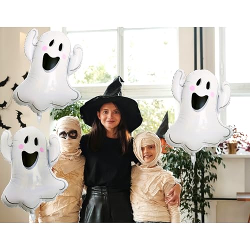 Image of Halloween Ghost Balloons, White Ghost Shaped Foil Balloons, Large Mylar Balloons for Trick or Treat Halloween Props Party Decoration Supplier, Birthday Party Balloons Sets 3Pcs