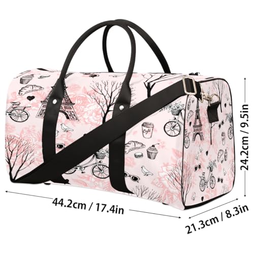 Paris Eiffel Tower Travel Duffel Bag, Pink Flower Bike Sports Tote Gym Bag, Foldable Weekender Overnight Bag, Luggage Handle Bag for Women Men4