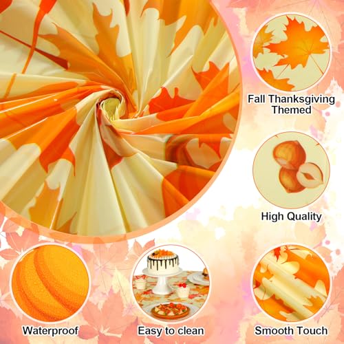 Image of LemonRoad 3 Pcs Fall Plastic Round Tablecloth for Thanksgiving | 84 Inch, Maple Leaves Pumpkin Acorn, Thanksgiving Disposable Table Cover, Autumn Circular Table Cloth for Harvest Party Decor