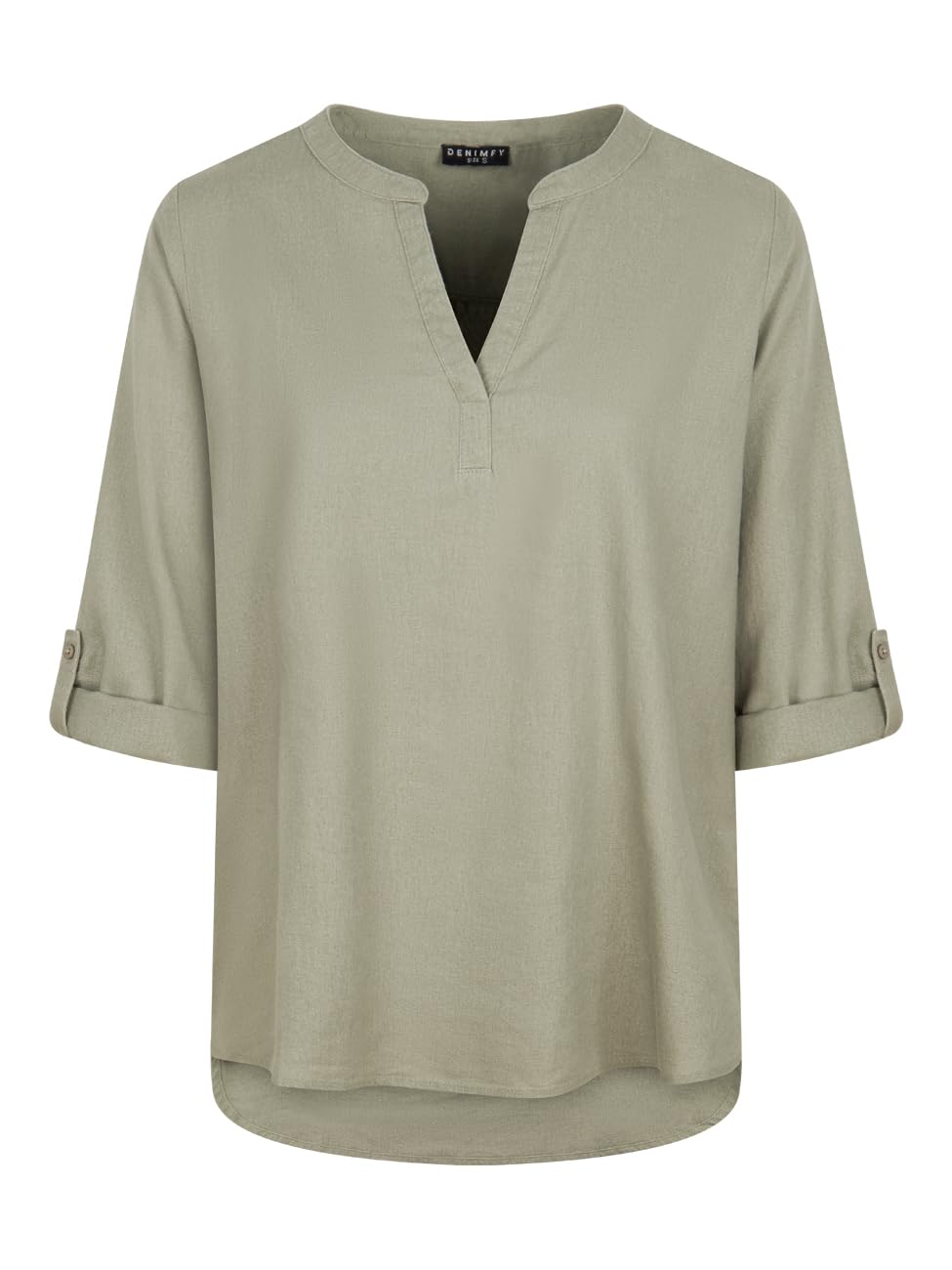 DENIMFY Lniana bluzka damska na lato, lekka, regularny krój, lniana bluzka z rękawami 3/4, dekolt w serek, jednokolorowa, biała, beżowa, zielona, S, M, L, XL, XXL