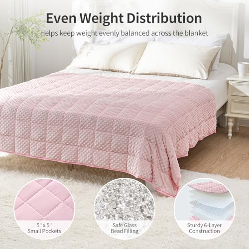 Image of Uttermara Minky Weighted Blanket for Adults, 60x80 Inches 15lbs Queen Size | Cozy Warm; Breathable; Cooling Soft Minky Dots; Filled with Glass Beads; Washable Heavy Throw for Sleep and Calm; Pink