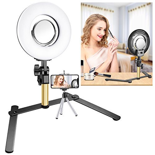 Neewer Tabletop Makeup Ring Light Kit: 8-inch Dimmable Mini LED Ring Light with 3.5-inch Mirror, Desktop Support Stand, Phone Clip for Beauty Blog Make Up Selfie Video Photography (No Carrying Bag)