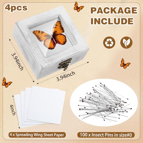 Image of Reallnaive 4 Pcs Insect Pinning Kit 4 inch Wooden Display Case Box, EVA Foam Insect Pinning Board, 100 Bug Pins for Butterfly Specimen Bugs Collection Tools (White)