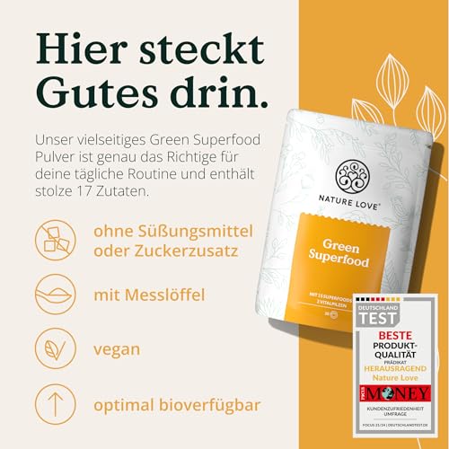 NATURE LOVE® Green Superfood - 300g - 15 Superfoods und 2 Vitalpilze - u.a. mit Gerstengras, Spirulina & Moringa - Greens Pulver ohne Aromen, Süßstoffe oder zugesetzten Zucker - vegan & laborgeprüft